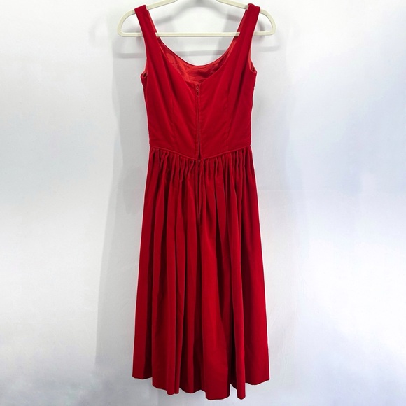 Vintage 50s Handmade Red Velvet Midi Dress Rosette Cocktail Dress Pinup Holiday - Picture 2 of 6